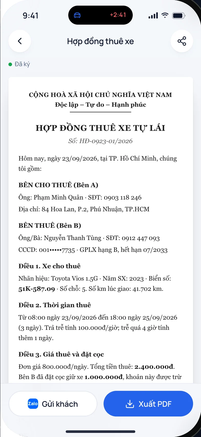 Hợp đồng thuê xe tự lái điền sẵn